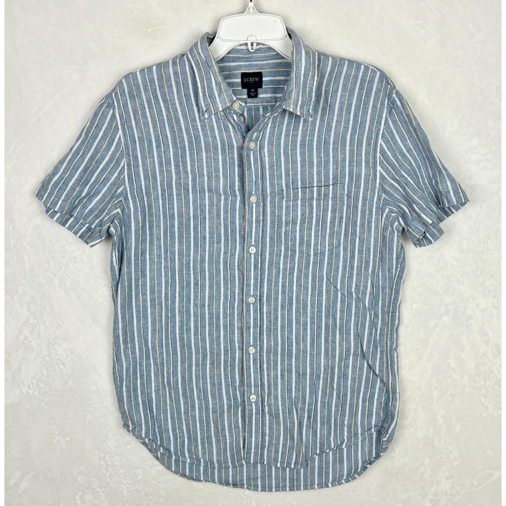 J Crew Linen Short Sleeve Shirt Mens Medium Button Up Blue Striped Pocket‎
